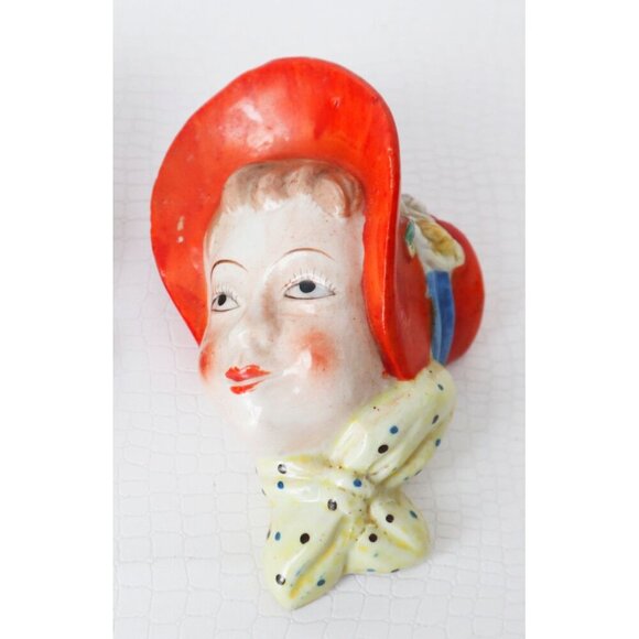 Vintage Ceramic Wall Pocket Planters Boy & Girl Faces Hand-Painted Made In Japan - Picture 2 of 7